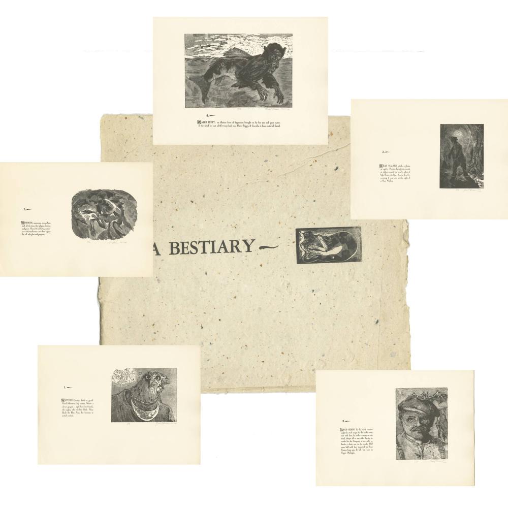 A Handcrafted Copper and Wood Engraved Signed Set of (1 of 7)