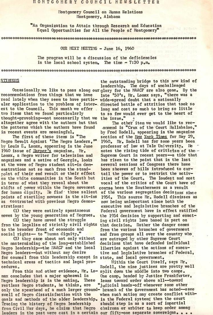 Civil Rights Montgomery Council 1960 Newsletters (1 of 4)