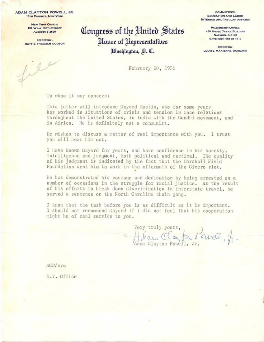A. Clayton Powell introduces Bayard Rustin, February: A. Clayton Powell introduces Bayard Rustin, February 20, 1956 1p., 8" x 11.5", February 20, 1956. Signed "Adam Clayton Powell, Jr." in blue ink. Typed on official House of Representatives letterhead a