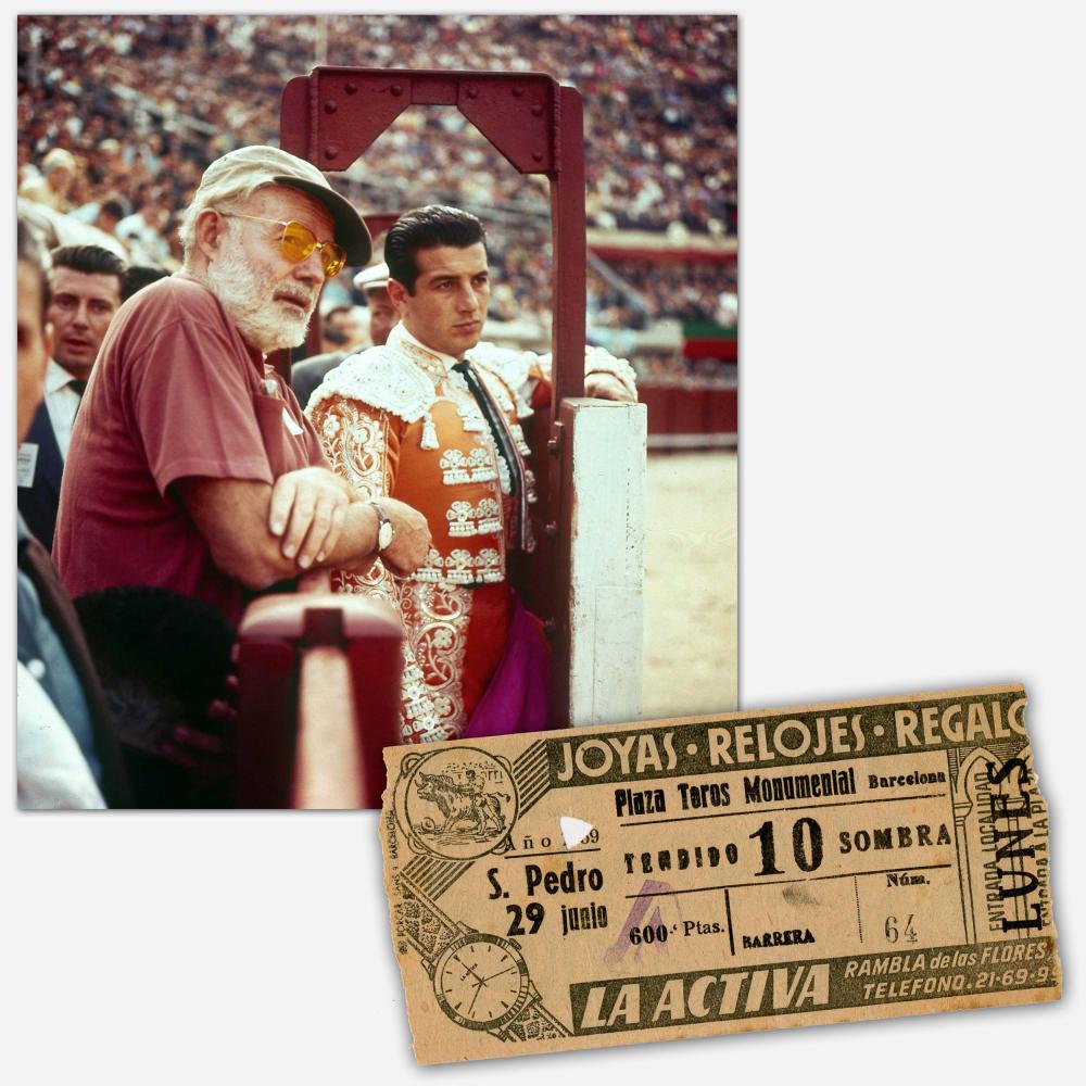 Ernest Hemingway Owned and Used Ticket for a Bullfight: Ernest Hemingway Owned and Used Ticket for a Bullfight at Barcelona’s Plaza Toros Monumental in “The Dangerous Summer” of 1959 Bullfight ticket, 6” x 3”. Plaza Toros Monumental. Barcelona, M