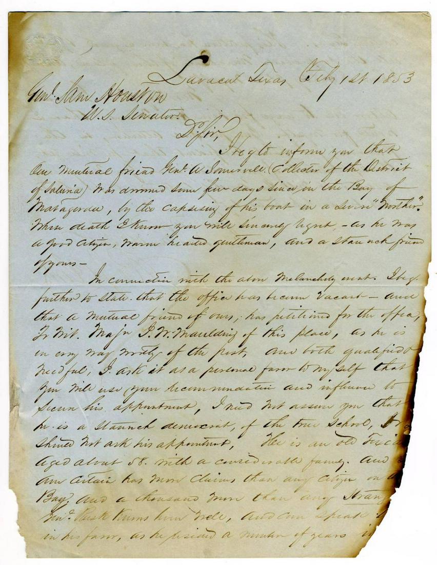 Robert J. Clow Appeals to Sam Houston of Texas in 1853 (1 of 4)