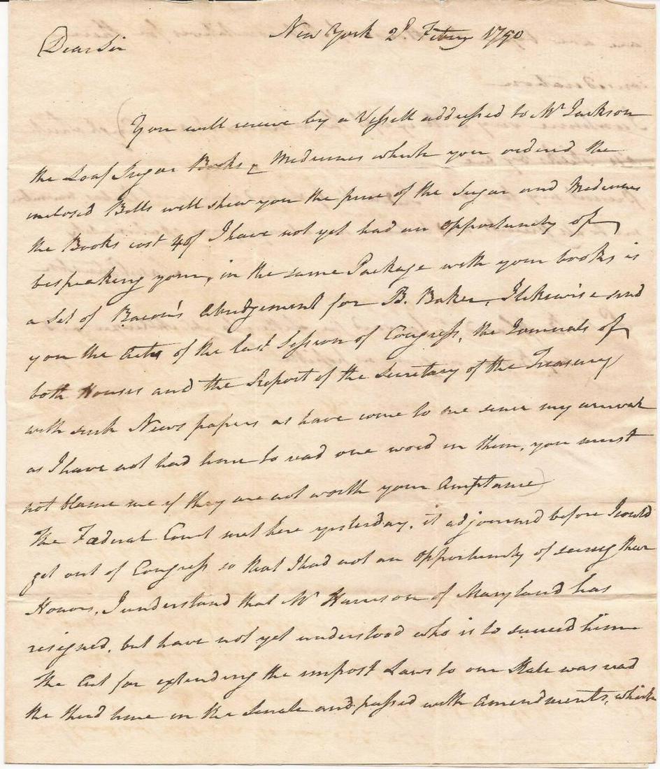 U.S. Senator Johnston of North Carolina Writes to His: U.S. Senator Johnston of North Carolina Writes to His Protégé James Iredell Just Days Before Washington Nominates Iredell as One of the First Justices of the Supreme Court SAMUEL JOHNSTON, Autograph