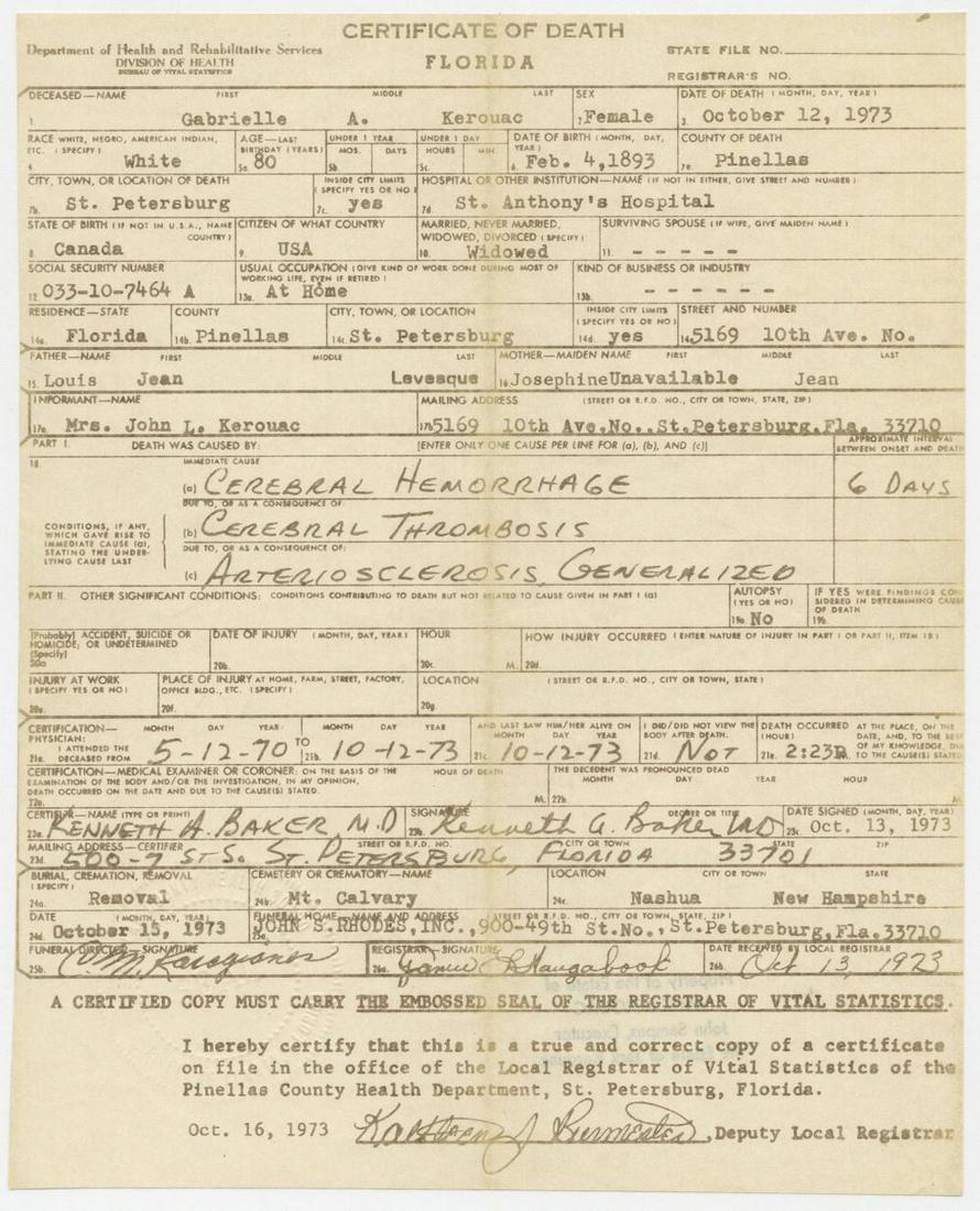 Jack Kerouac's Mother's Embossed Death Certificate, (1 of 2)