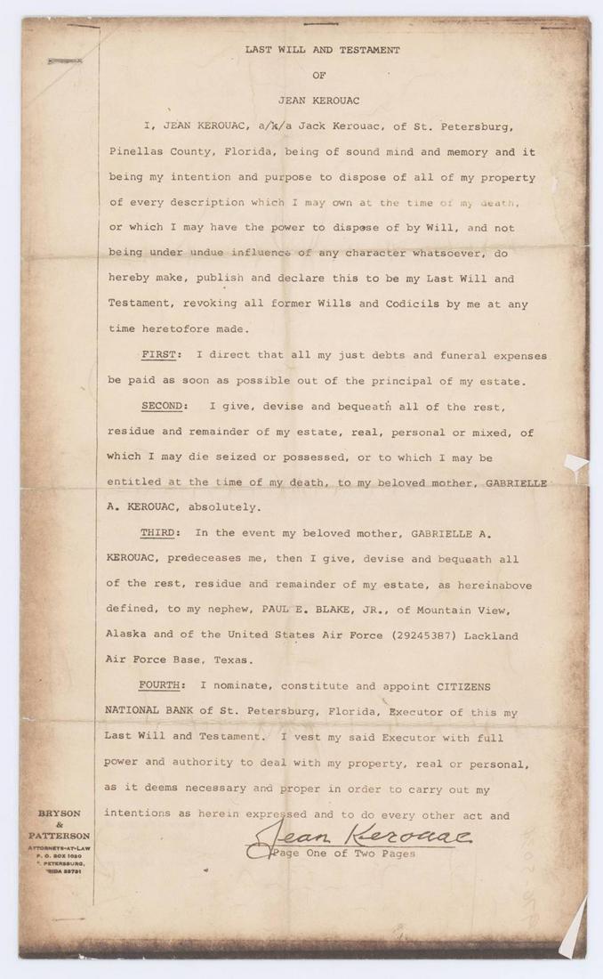 Jack Kerouac's Last Will & Testament, Official Estate (1 of 3)