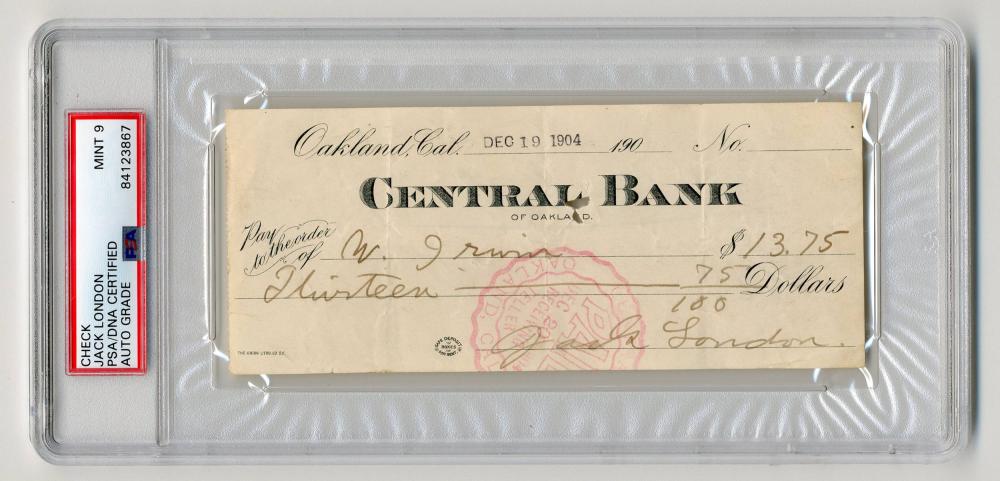 Jack London Signed Check, PSA/DNA Slabbed & Graded Mint (1 of 3)