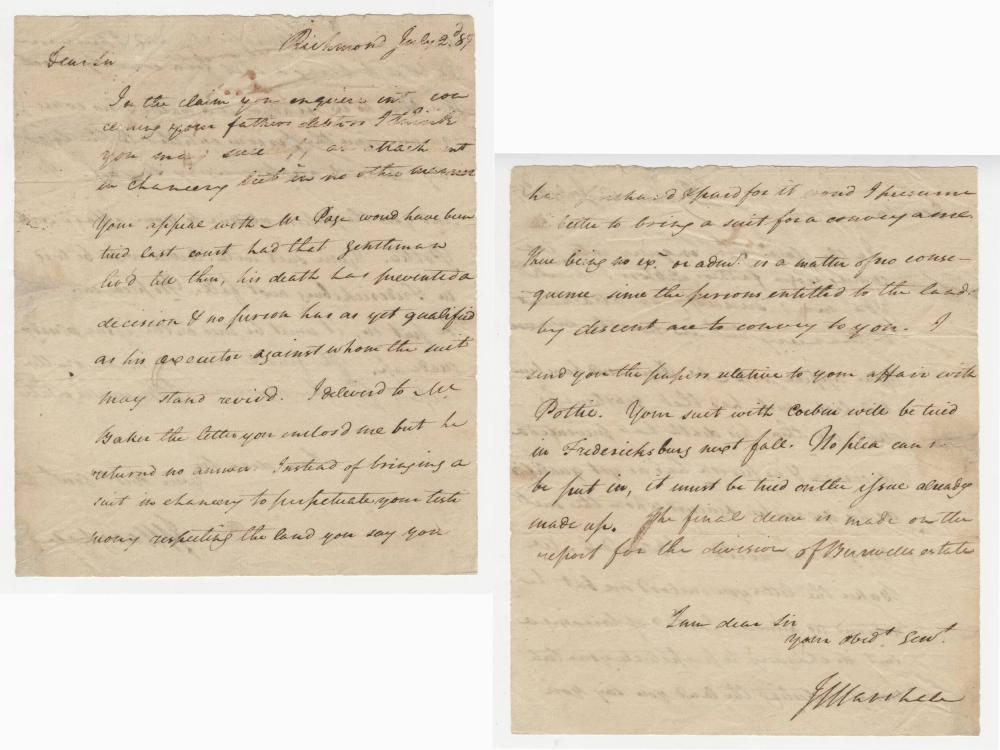 Extremely Scarce John Marshall Autograph Signed Letter: Extremely Scarce John Marshall Autograph Signed Letter Single page autograph letter signed. Penned on recto and verso. Dated "July 2, 1789", and signed by John Marshall "J. Marshall" to the verso. Nea