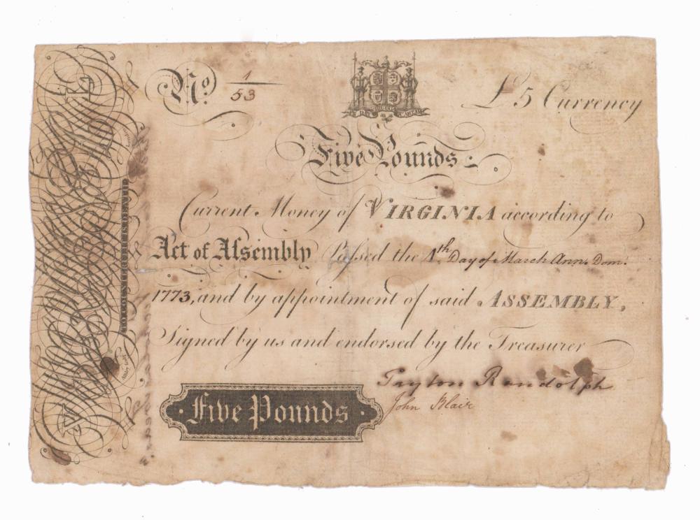 Peyton Randolph and John Blair Signed Banknote, 1773 (1 of 2)