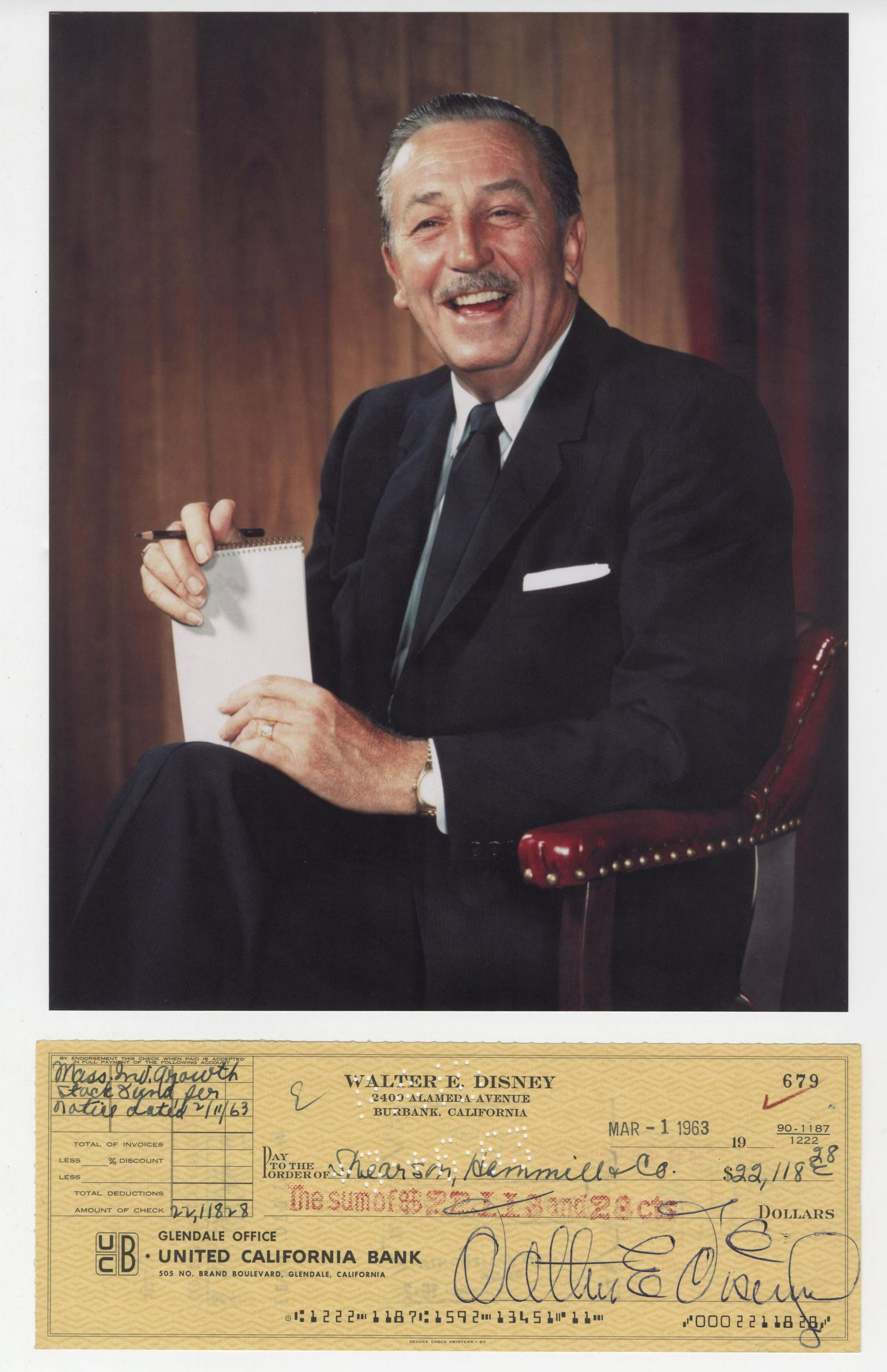 Walt Disney Signed Check to Shearson Hammill for over: Walt Disney Signed Check to Shearson Hammill for over $22,000 Check drawn on Glendale United California Bank to Shearson, Hammill & Co, for $22,118.28. Dated "March 1, 1963". Signed by Walt Disney