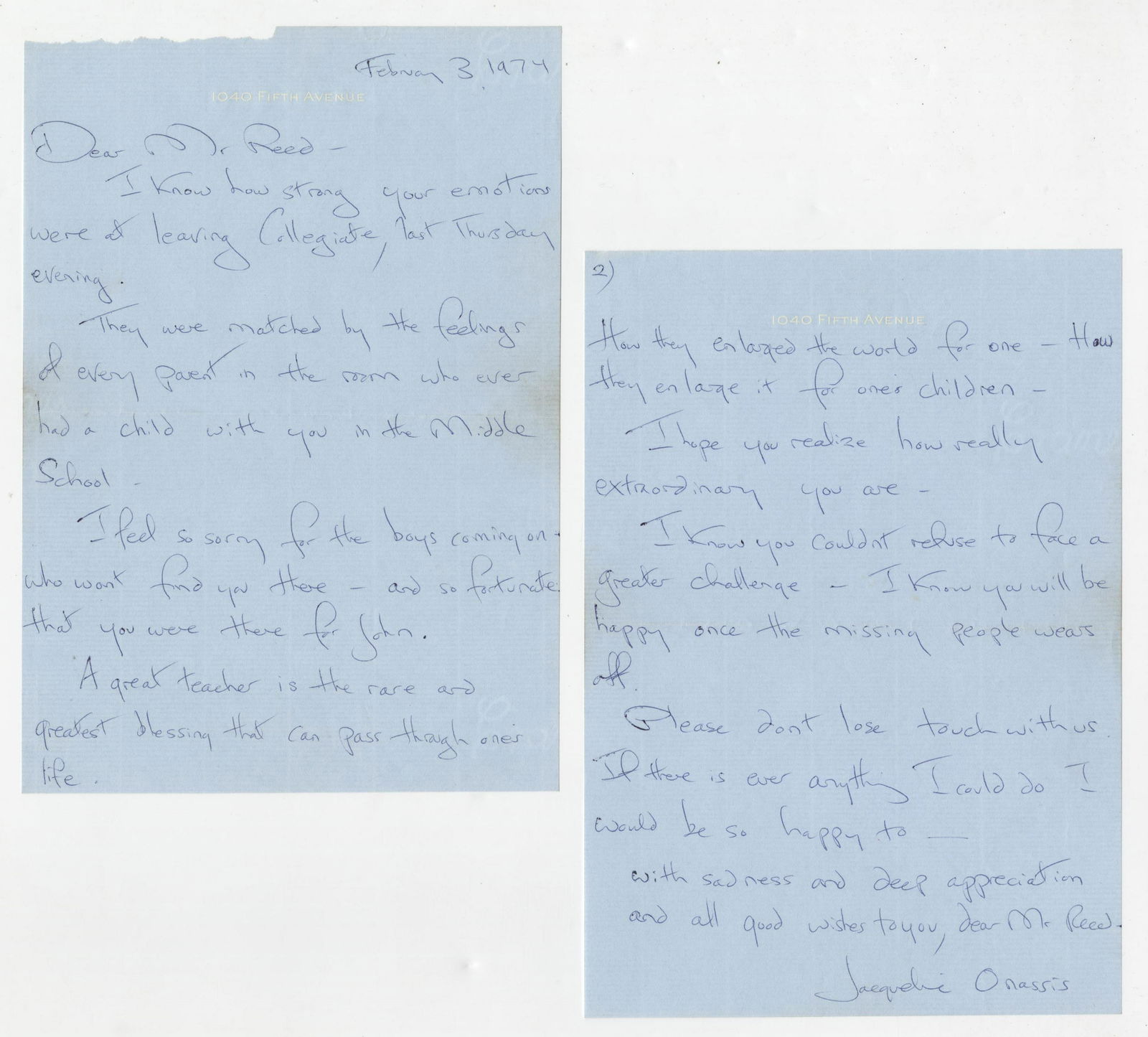 Jackie Kennedy's Superb ALS to John-Johns Teacher, "A (1 of 3)
