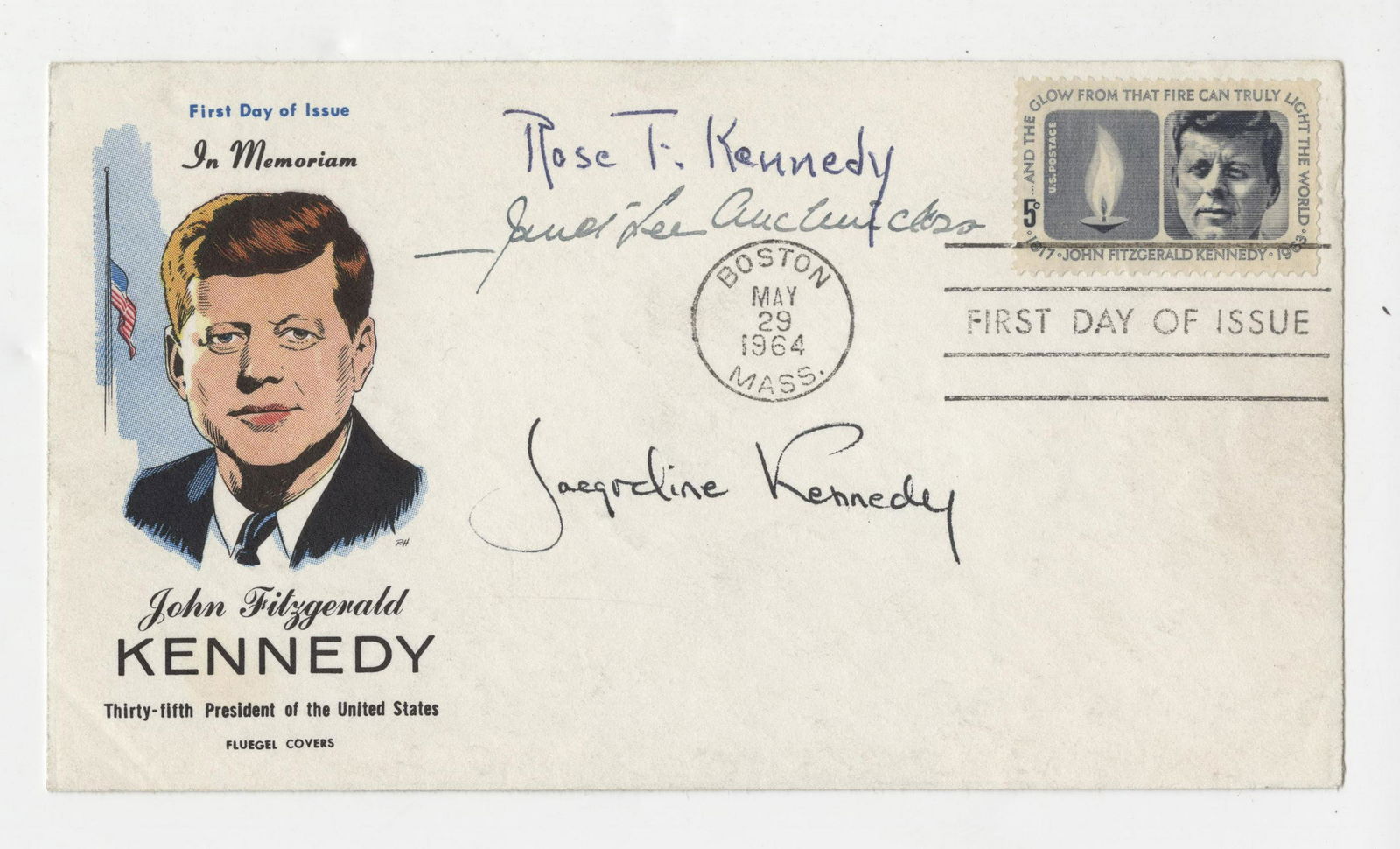 Jackie, Rose and J. L. Auchincloss: President Kennedy,: Jackie, Rose and J. L. Auchincloss: President Kennedy, FDC Signed First Day Cover of President Kennedy, Signed by "Rose T. Kennedy"," Janet Lee Auchincloss", and "Jacqueline Kennedy". Post marke