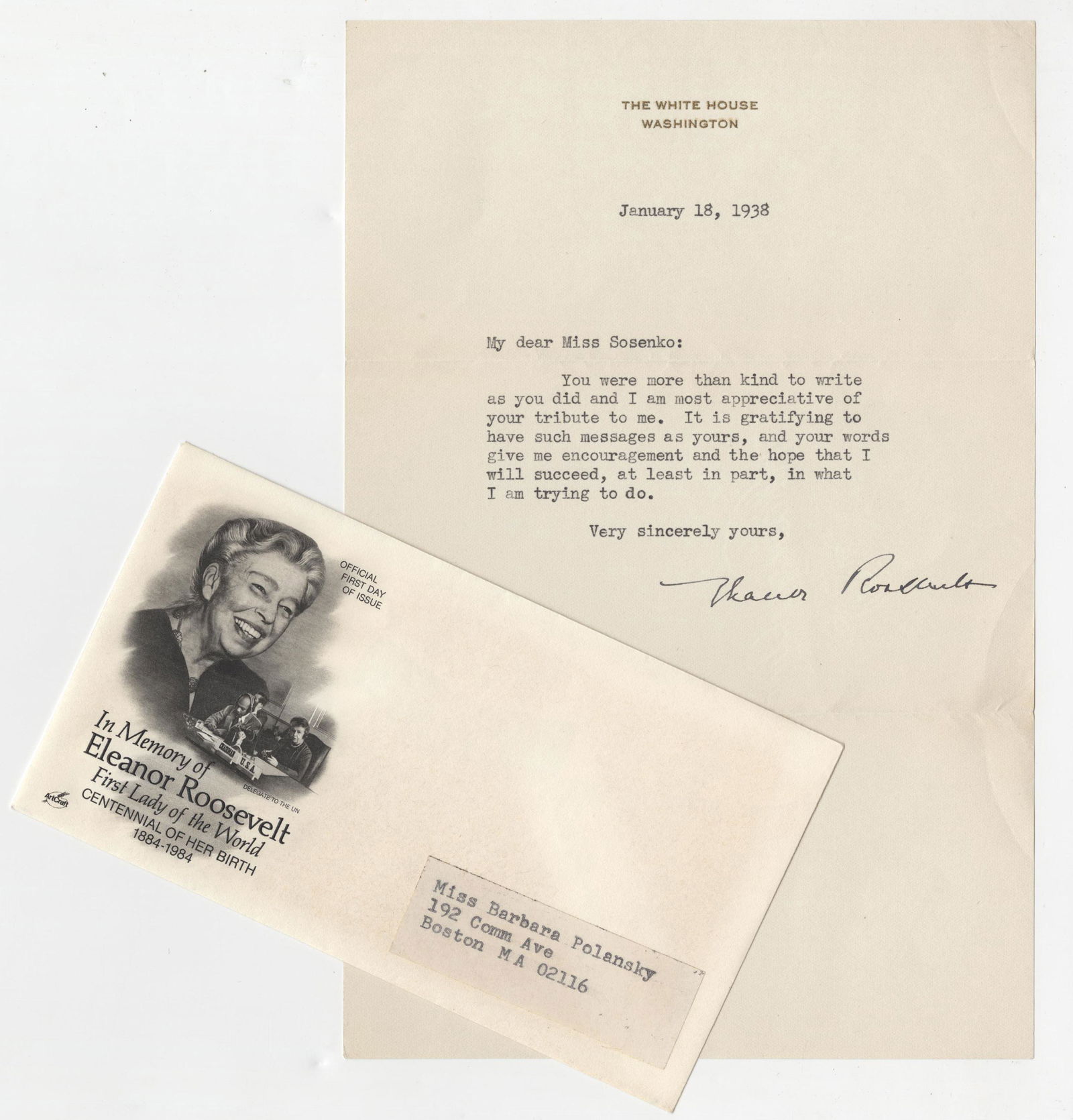 Eleanor Roosevelt Signed Letter & FDC (1 of 2)