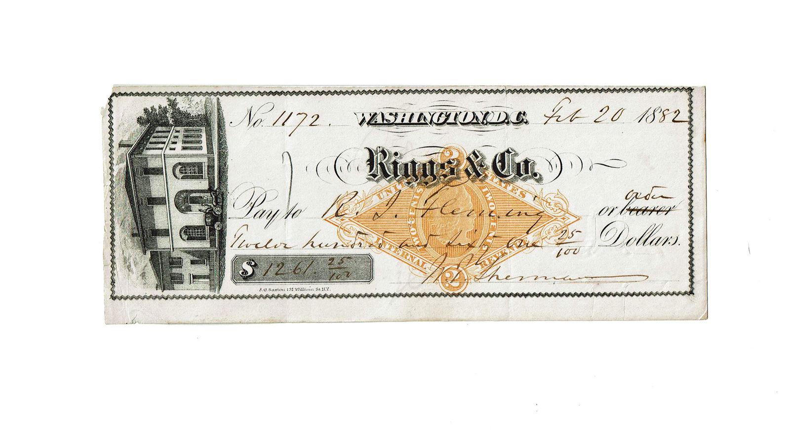 William T. Sherman Signed Personal Check 1882 (1 of 3)