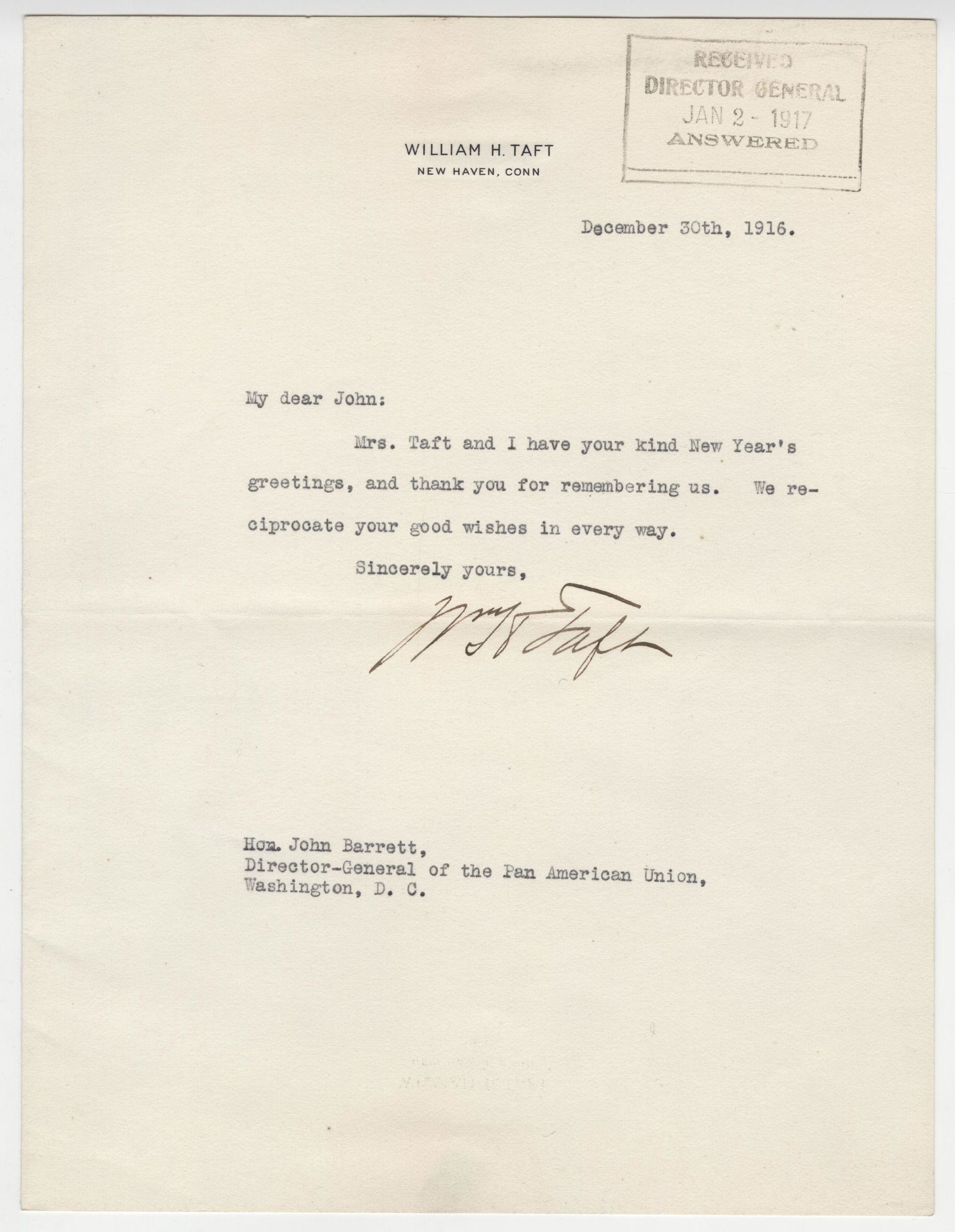 William Taft to Director of Pan American Union (1 of 2)