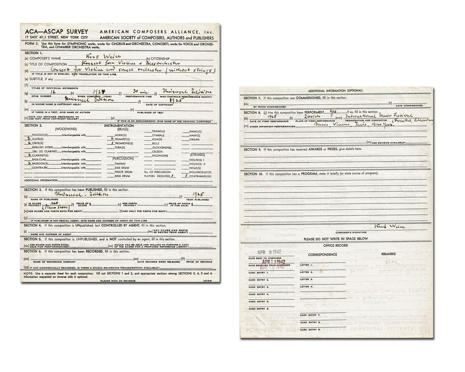 Kurt Weill Signed Document Completed Entirely in His (1 of 5)