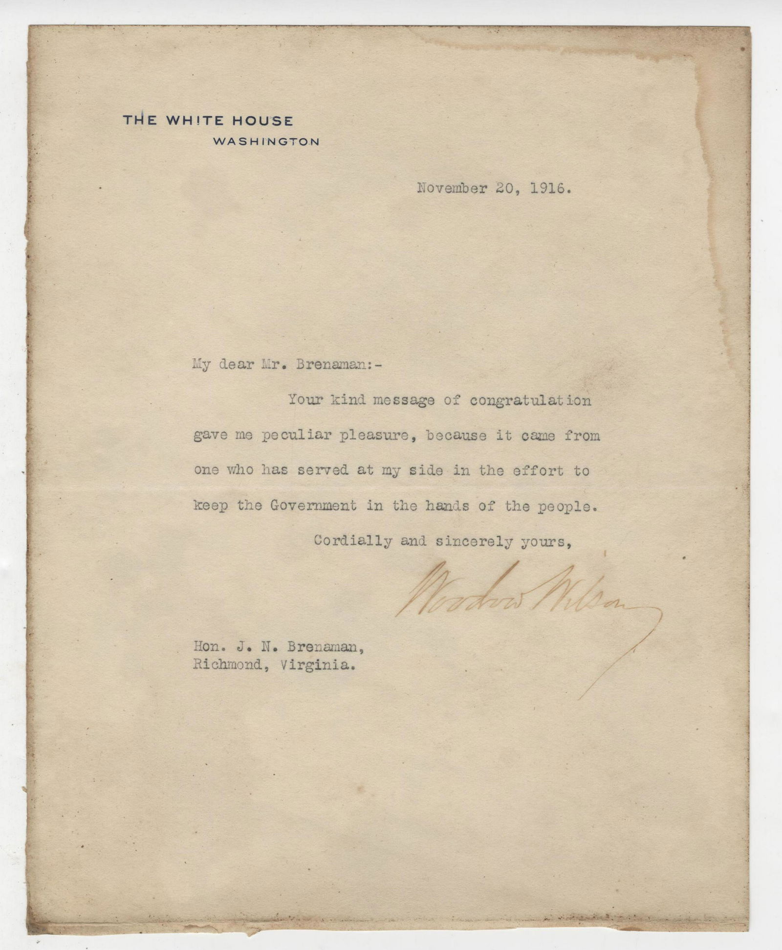 Woodrow Wilson Champions Keeping Government in the (1 of 2)