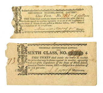 Two Early Smithfield, Rhode Island Meeting-House: Two Early Smithfield, Rhode Island Meeting-House Lottery Tickets1p, measuring 5.25" x 2.125", Smithfield, Rhode Island, dated circa October 1807. A First Class ticket, numbered "381 - 3 dollars."