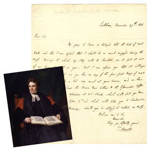 Excellent Rugby Headmaster Thomas Arnold Autograph: Excellent Rugby Headmaster Thomas Arnold Autograph Letter Signed 1p of a bifolium, measuring 7.375" x 9", Laleham, England, dated December 29, 1826. Signed "T. Arnold" and addressed to his solicitor,