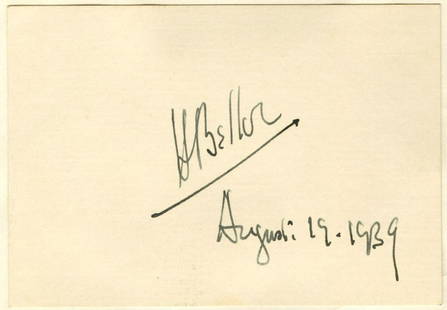 Fantastic Hilaire Belloc Cut Signature with Postcard: Fantastic Hilaire Belloc Cut Signature with Postcard Measuring 3.75" x 2.625", no place, dated August 19, 1939. Signed in black ink on a clipped card, mounted along with a postcard to the overall size