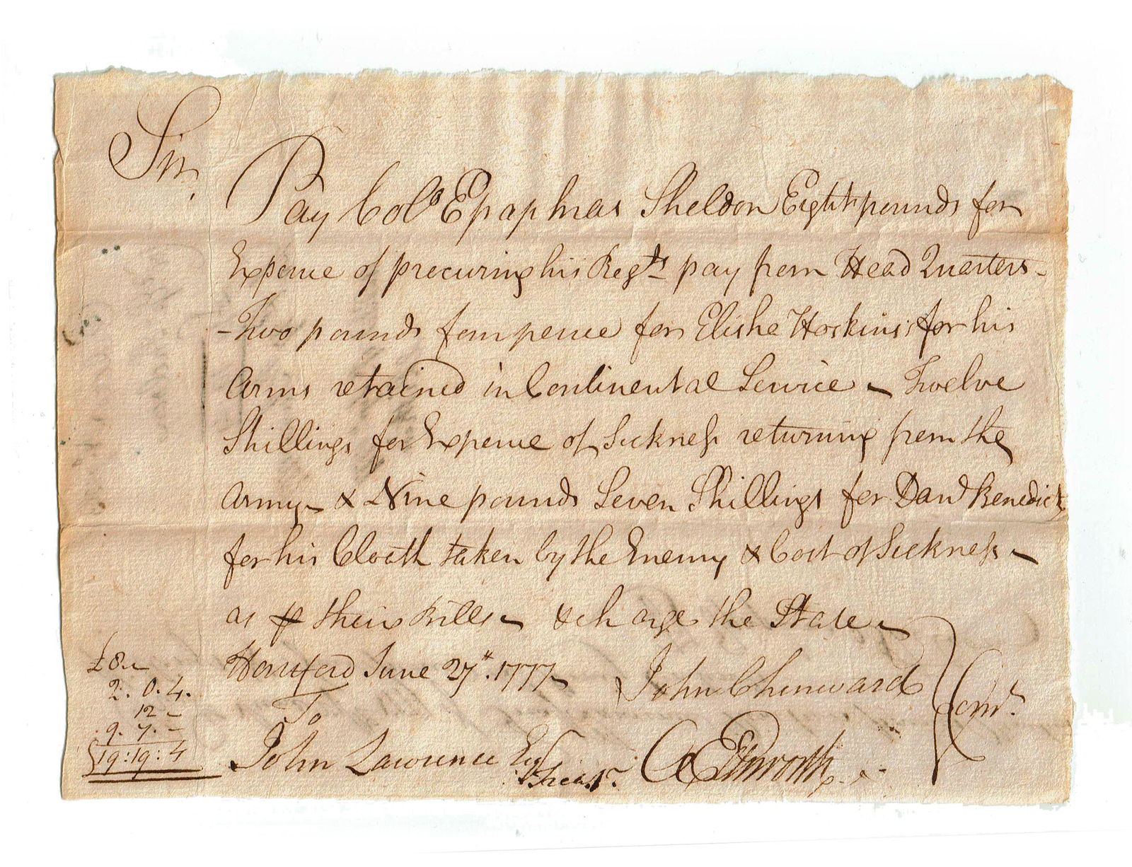 O. Ellsworth Pay Order for Arms Retained in the (1 of 3)