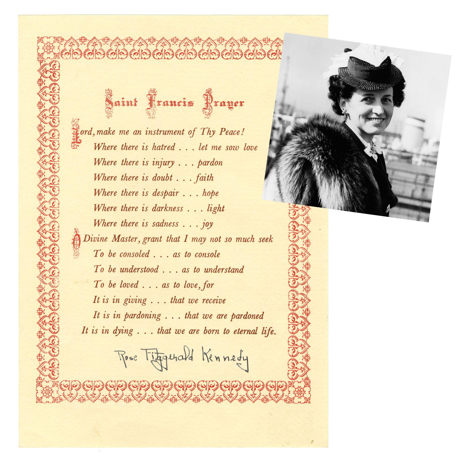 [JFK] Poignant "Saint Francis Prayer" Signed by Rose (1 of 2)