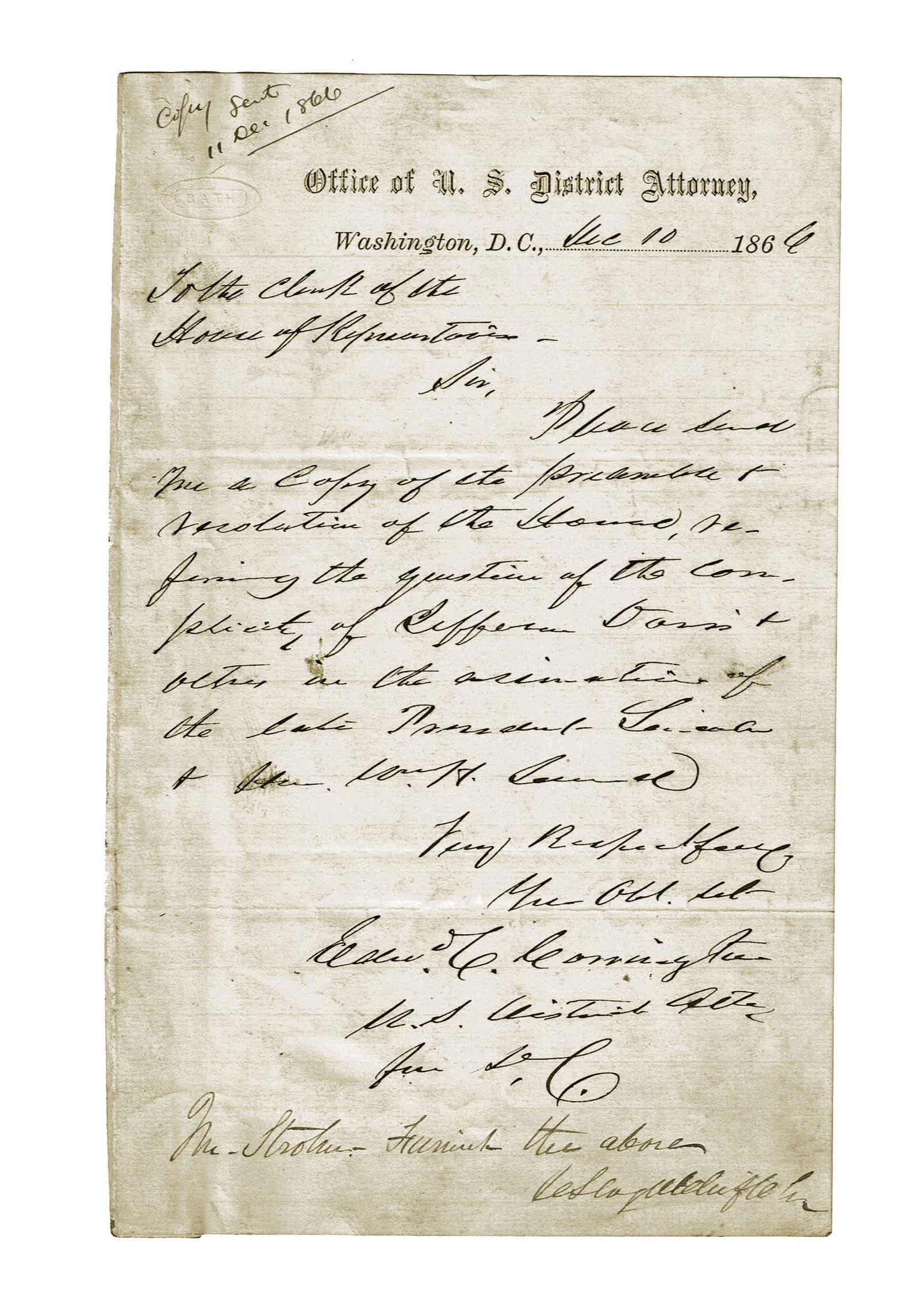 Lincoln Assassination 1866 Request for Files (1 of 2)