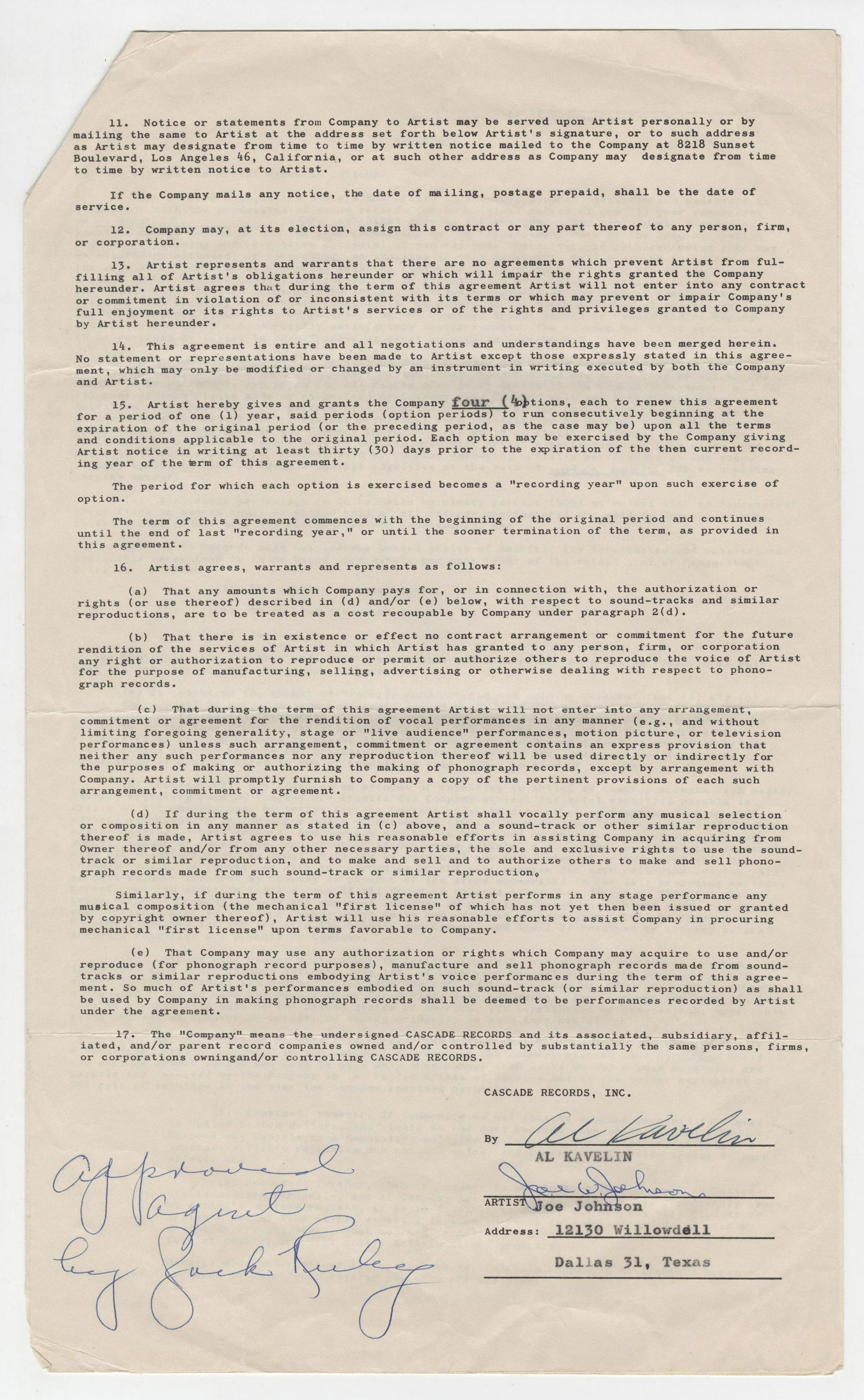 Jack Ruby Signed Recording Contract, Possible Russia: Jack Ruby Signed Recording Contract, Possible Russia Connection? Three page typed document signed, 8.5" x 14". A recording contract between Jack Ruby, artist "Joe Johnson" and Al Kavelin of "Cascade R