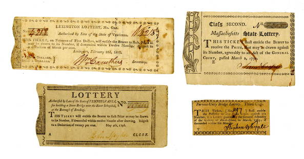 Early Rhode Island, Massachusetts, Virginia, and: Three Early Rhode Island, Massachusetts, Virginia, and Pennsylvania Lottery TicketsA group of four 18th century lottery tickets, which were sold to raise funds for various local needs. Such lotteries