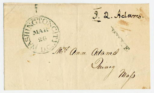 John Quincy Adams Free Franked Envelope, Boldly Signed: John Quincy Adams Free Franked Envelope, Boldly SignedClipped front of an envelope, measuring 4.75" x 2.875", Washington, D.C., dated March 26, no year. Boldly signed "J.Q. Adams" at the top left