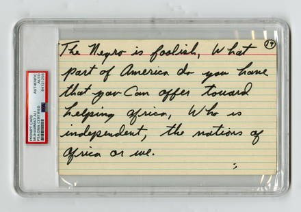 Muhammad Ali Handwritten Prompt Card with Elijah: Muhammad Ali Handwritten Prompt Card with Elijah Muhammad Quotation, PSA Slabbed with "AUTO" Indication1p lined notecard, measuring 8" x 5", no place, no date. Numbered "19", the card quotes a