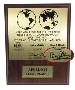 Buzz Aldrin Signed Apollo XI Lunar Plaque Replica: Buzz Aldrin Signed Apollo XI Lunar Plaque ReplicaMeasuring 10.5" x 13" x 0.75", no place, undated. A handsome reproduction of Apollo XI Lunar Plaque originally left by American astronauts on the