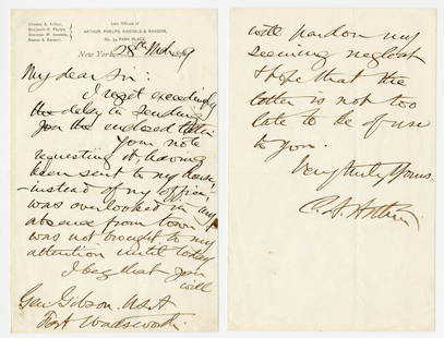 Chester A. Arthur ALS "I beg that you will pardon my: Chester A. Arthur ALS "I beg that you will pardon my seeming neglect..."2pp, measuring 4.375" x 6.875", New York, dated March 28, 1879. Boldly signed "C.A. Arthur" and addressed to General