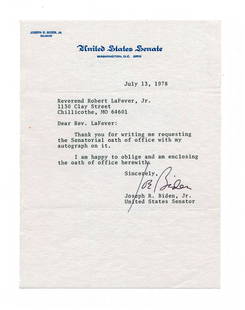 Joe Biden TLS as Senator in 1978: Joe Biden TLS as Senator in 1978BIDEN, JOSEPH. Typed Letter Signed, "Joe Biden", as Senator of Delaware, 1 p., July 13, 1978, Washington, on United States Senate stationery. Expected