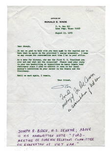 Joseph Biden AM Re: Meeting President Ford: Joseph Biden AM Re: Meeting President Ford Joseph Biden handwrites a reply on a typed letter signed by Ronald E. Wade, "Ron", 1 p., Lone Star, Texas. August 13, 1979. Expected mailing