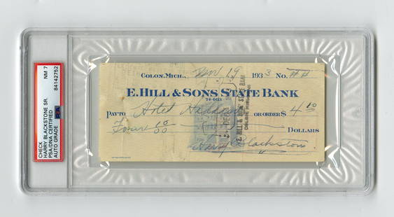 Famed Magician Harry Blackstone Sr. Signed Check for a: Famed Magician Harry Blackstone Sr. Signed Check for a Hotel Stay, PSA Slabbed and Graded NM 7 1p, measuring 6" x 2.75", Colon, Michigan, dated November 19, 1933. Boldly signed "Harry Blackstone." An