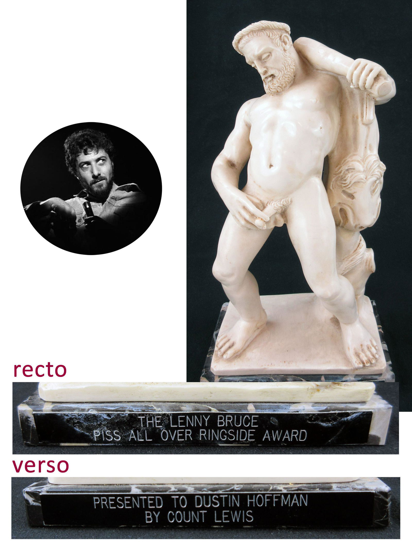 "The Lenny Bruce Piss All Over Ringside Award": "The Lenny Bruce Piss All Over Ringside Award" Presented to Dustin Hoffman, Who Played Comedian in 1974 Eponymous Film A gag award presented to American actor Dustin Hoffman (born 1937) after his perf