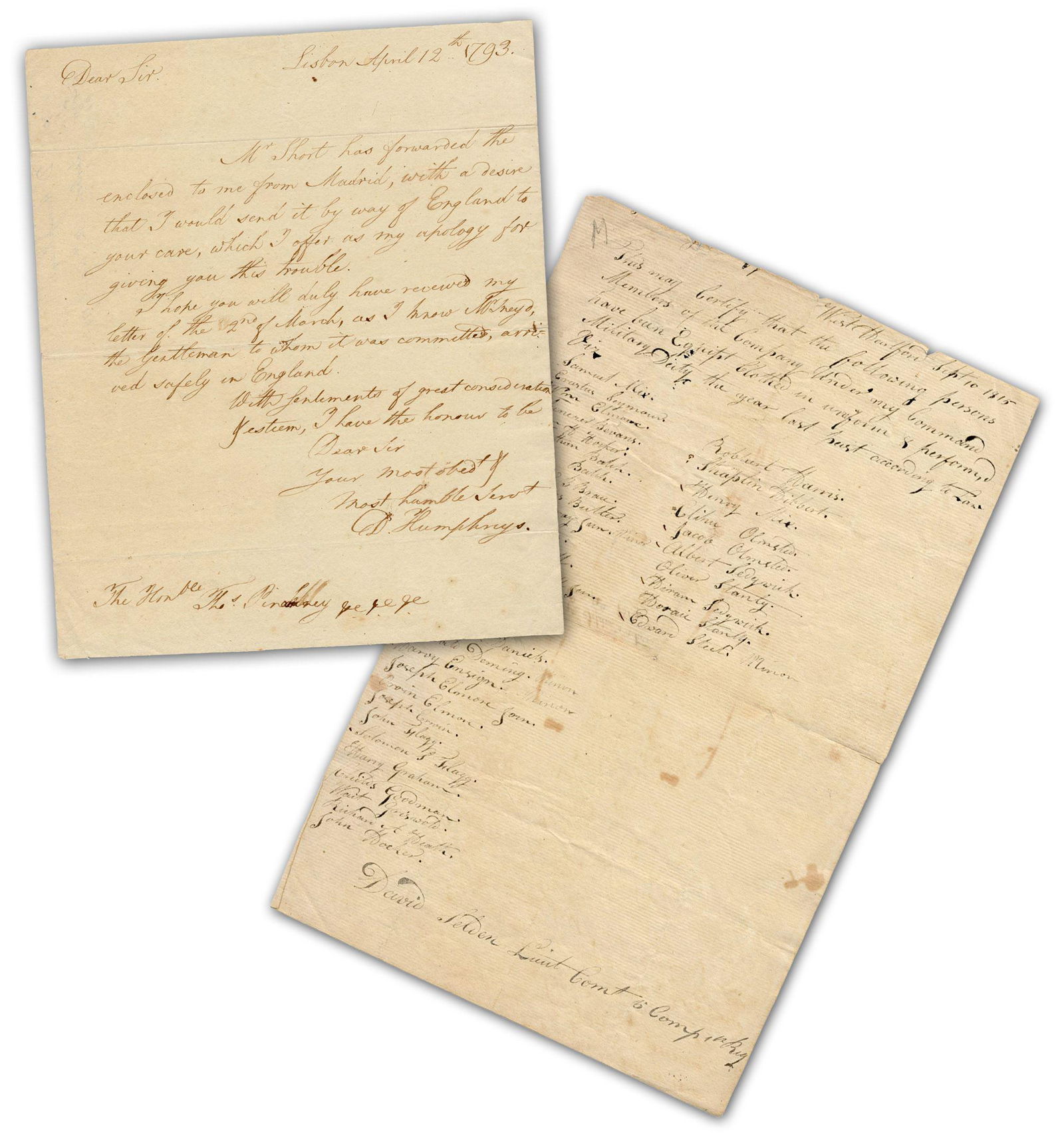 U.S. Minister to Portugal David Humphrey ALS, Plus: U.S. Minister to Portugal David Humphrey ALS, Plus Bonus War of 1812 Doc! An interesting lot documenting the early American Republic, both in the establishing of the nation's first international diplo