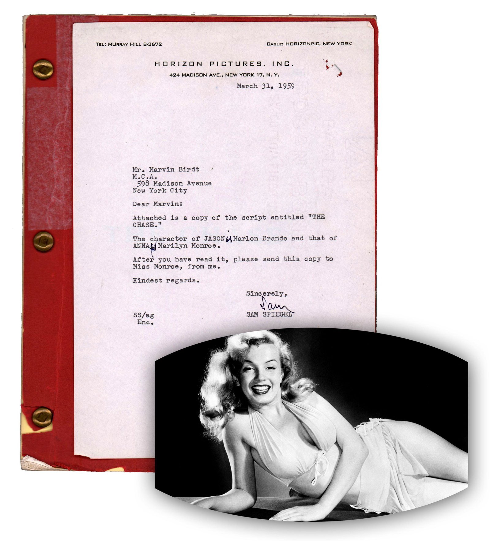Marilyn Monroe Was the Ideal Casting for "The Chase",: Marilyn Monroe Was the Ideal Casting for "The Chase", Script and Letter from Producer A typed letter signed attached to a first draft script for the film "The Chase". The letter is 1p, measuring 7.25"