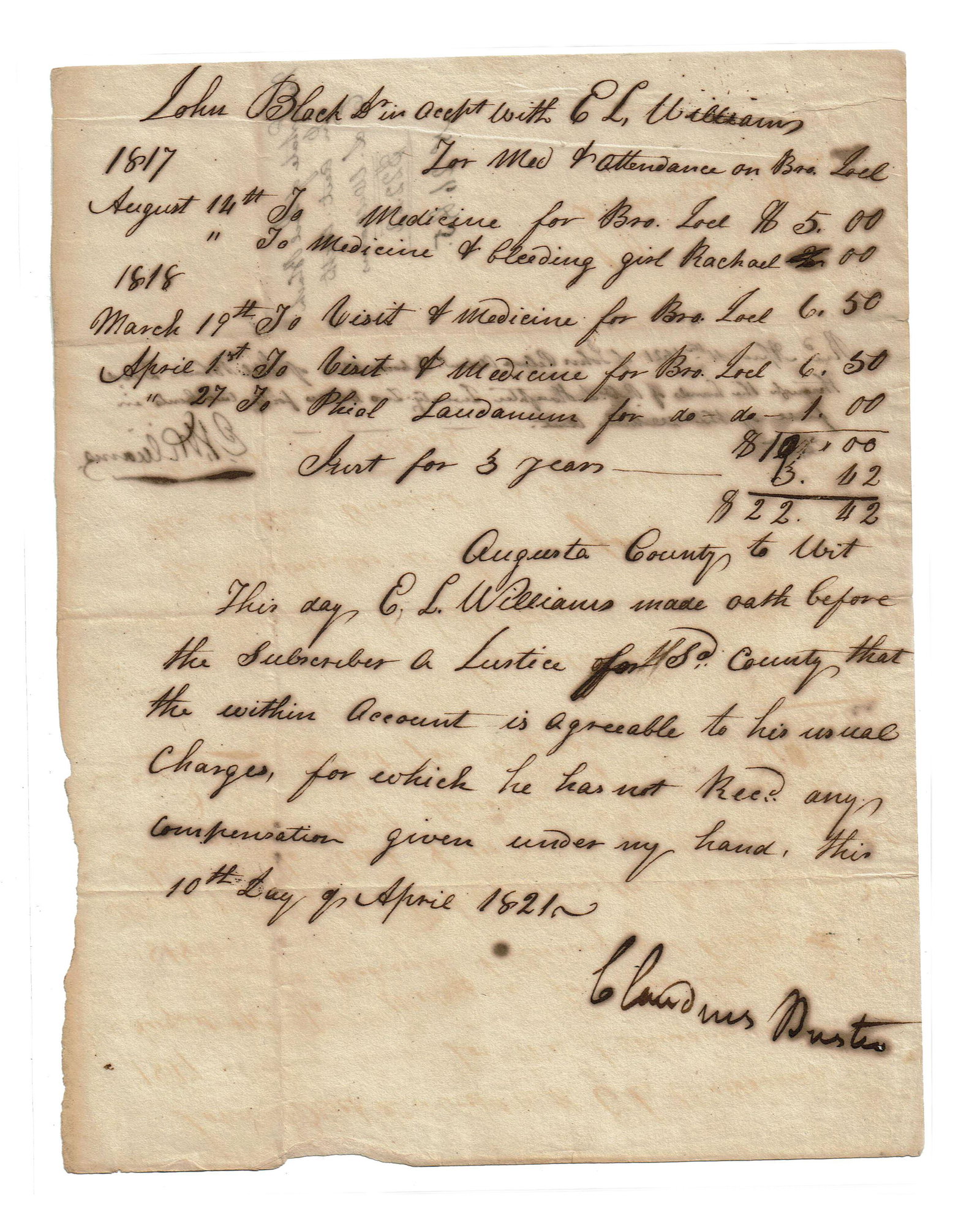 Rev War Medical Invoice for "bleeding girl Rachael": Rev War Medical Invoice for "bleeding girl Rachael" Manuscript Document Signed, "Claudius Buster", 1 p., Augusta County, 7.75" x 10", being a medical account of services provided. Folds, minor w