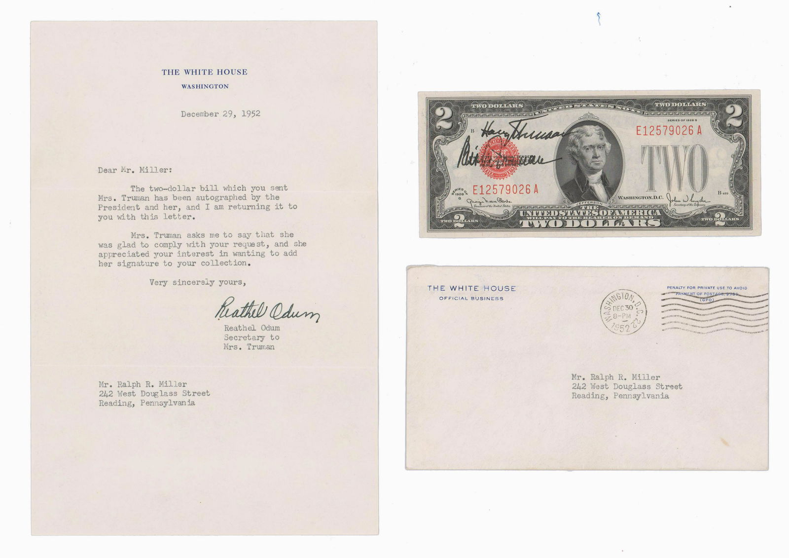 Two Bucks Stop Here! Harry & Bess Truman Signed Two: Two Bucks Stop Here! Harry & Bess Truman Signed Two Dollar Bill A superb, crisp two dollar bill with the red seal, dated "1928". Boldly signed by Harry And Bess Truman "Harry Truman", "Bess Truman