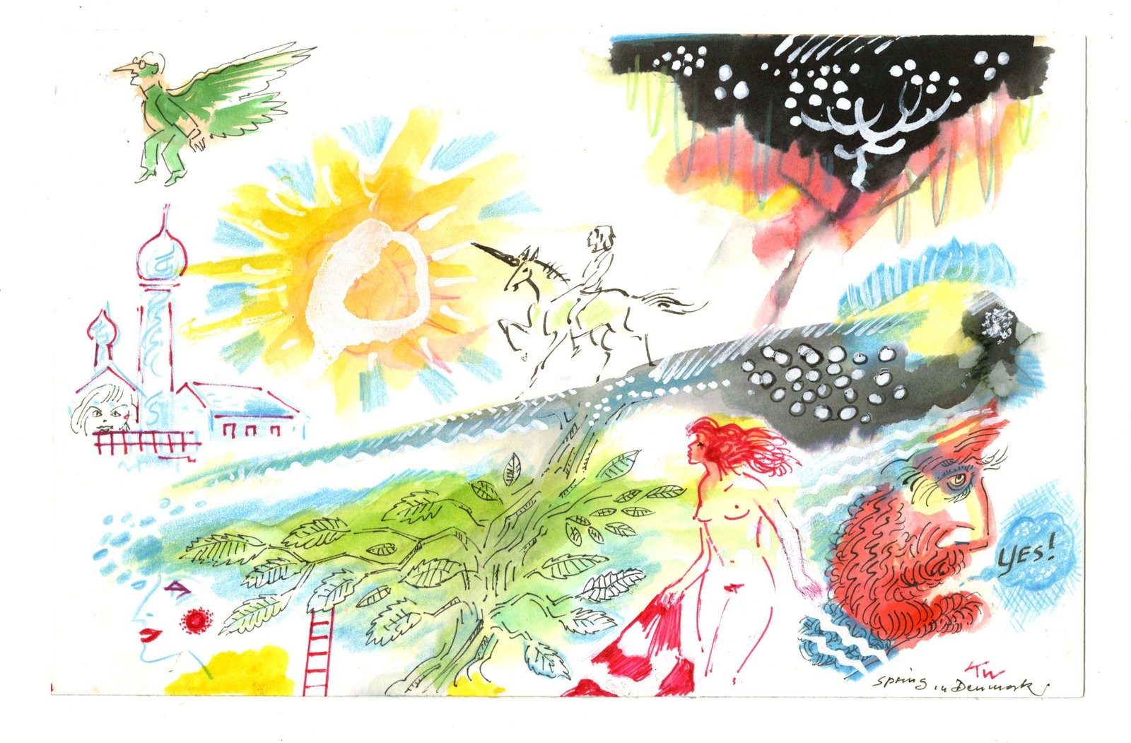 Kurt Westergaard Signed "Spring in Denmark" Watercolor: Kurt Westergaard Signed "Spring in Denmark" Watercolor with ALS on Verso 1p, measuring 6.875" x 10.625", no place [Denmark], dated April 17, 2009. A colorful watercolor entitled "Spring in Denmark", f
