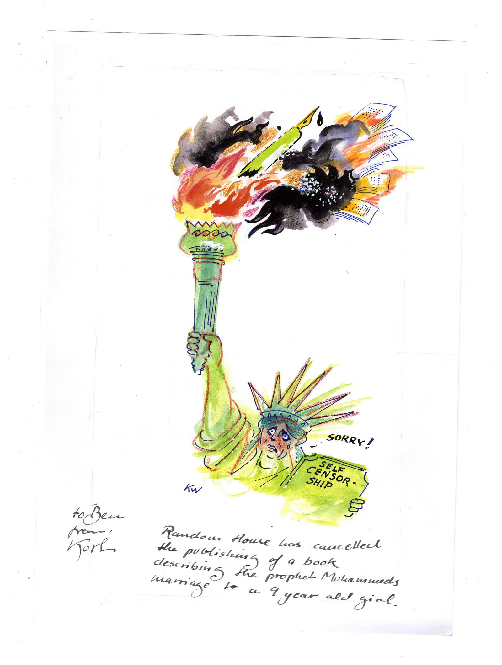 Kurt Westergaard Thrice Signed Watercolor of Liberty: Kurt Westergaard Thrice Signed Watercolor of Liberty with ALS on Verso 1p, measuring 8.25" x 11.75", no place [Denmark], dated August 28, 2008. A colorful watercolor of the Statue of Liberty, captione