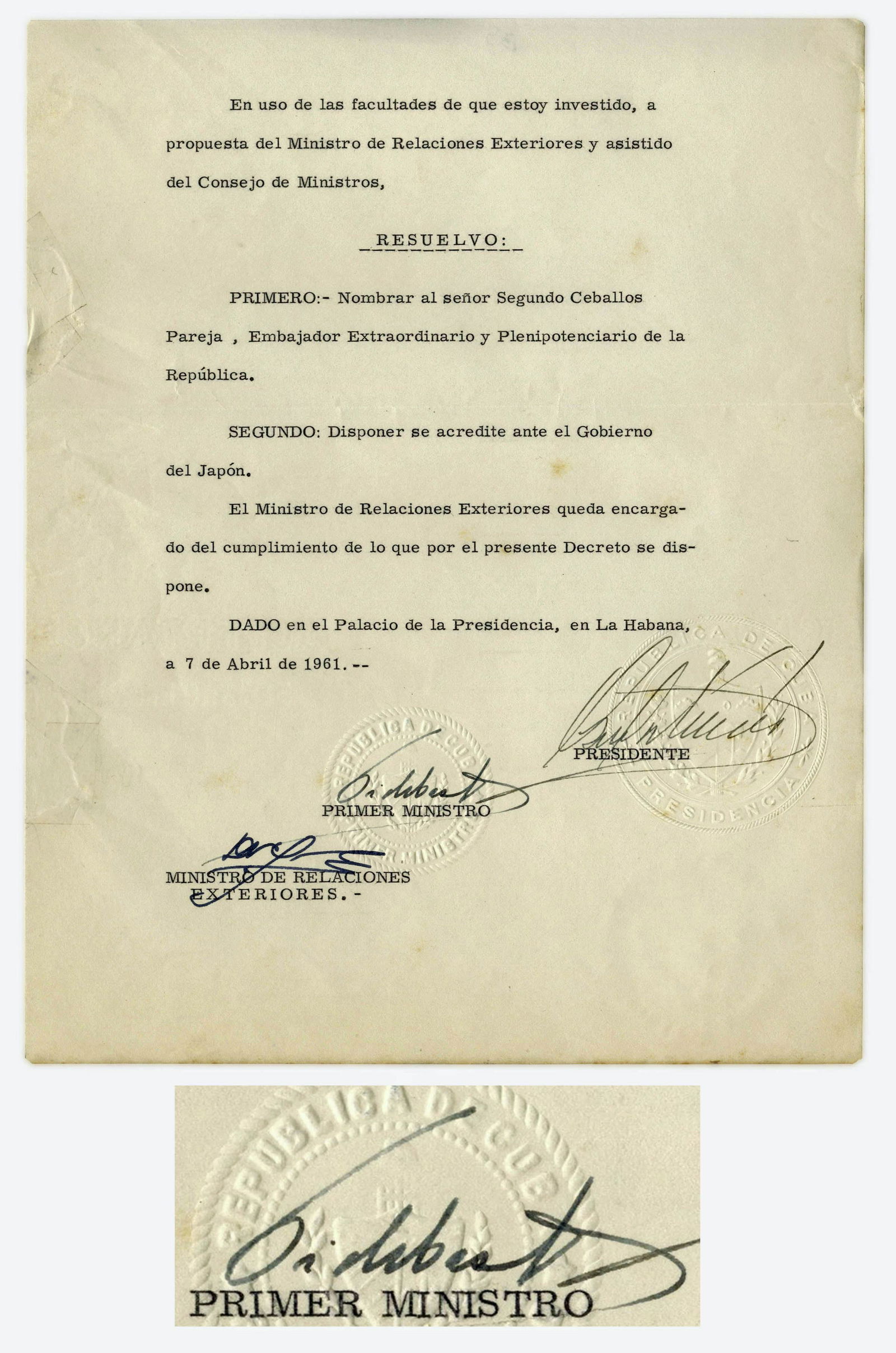 Fidel Castro DS From 1961, Cuba Appoints an Ambassador (1 of 3)