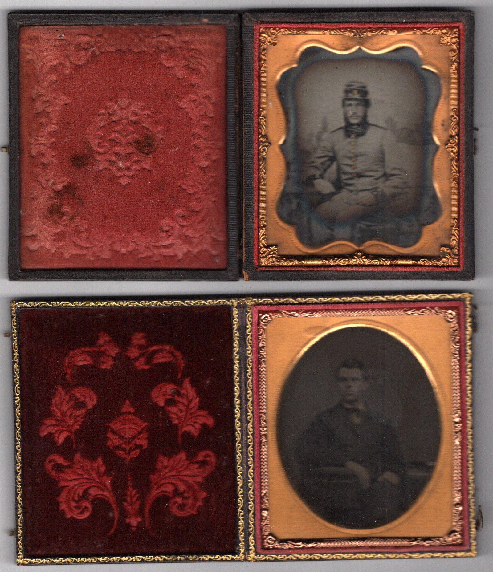 Collection of 7 Cased Images of Union Defenders: Collection of 7 Cased Images of Union Defenders [CIVIL WAR.] Set of 7 images of Civil War soldiers and a civilian in tintype or ambrotype. All are in velvet-lined gutta percha cases with copper accent