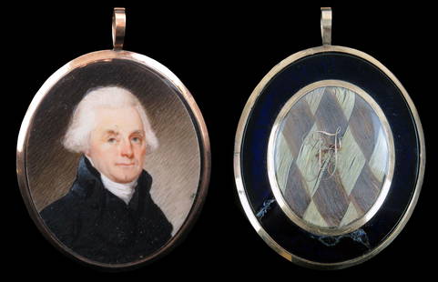 Among the Most Important Jefferson Relics Extant!: Thomas Jefferson Portrait Miniature Attributed to Robert Field, with Braided Jefferson Hair Relic Verso Containing 1,000 Strands or More A superb example of a portrait miniature and hairwork jewelry l