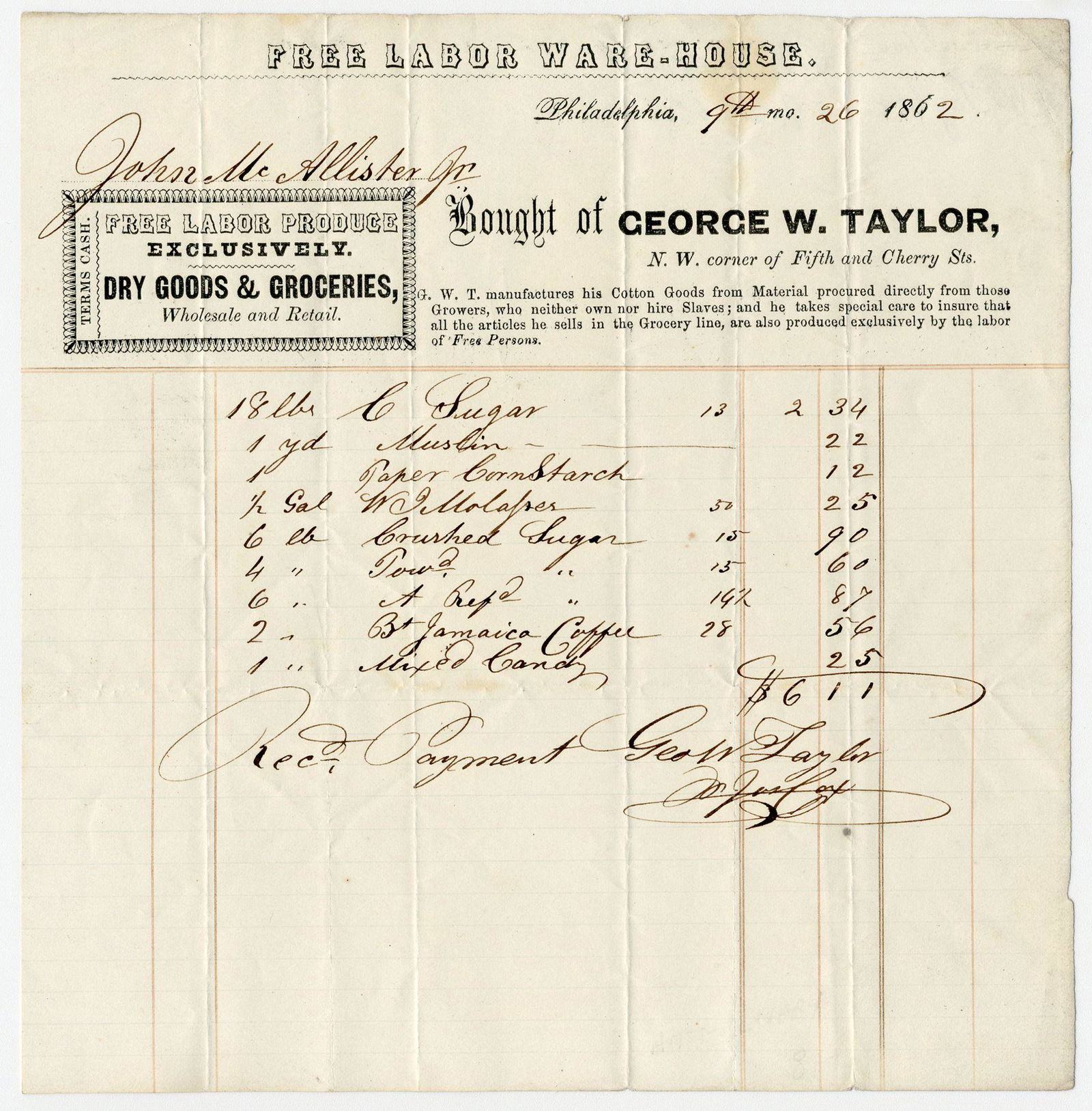 Civil War-Dated Billhead Receipt from "Free Labor (1 of 3)