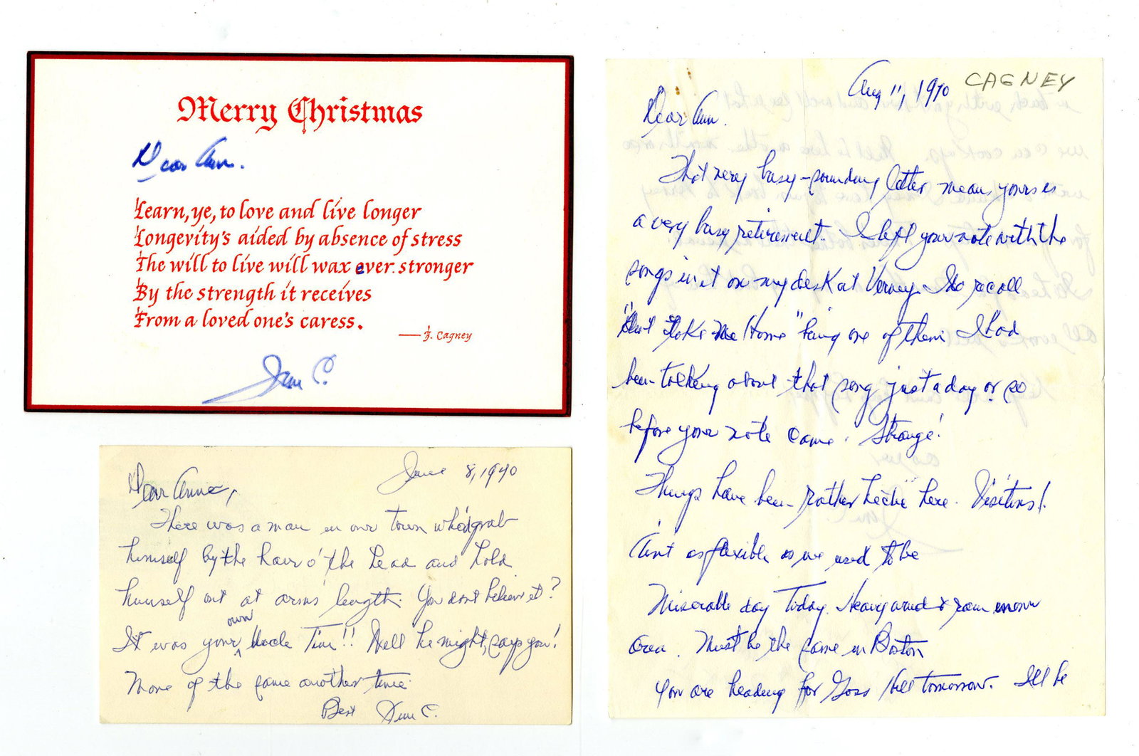 James Cagney Three Signed Items: Letter, Postcard, and (1 of 10)