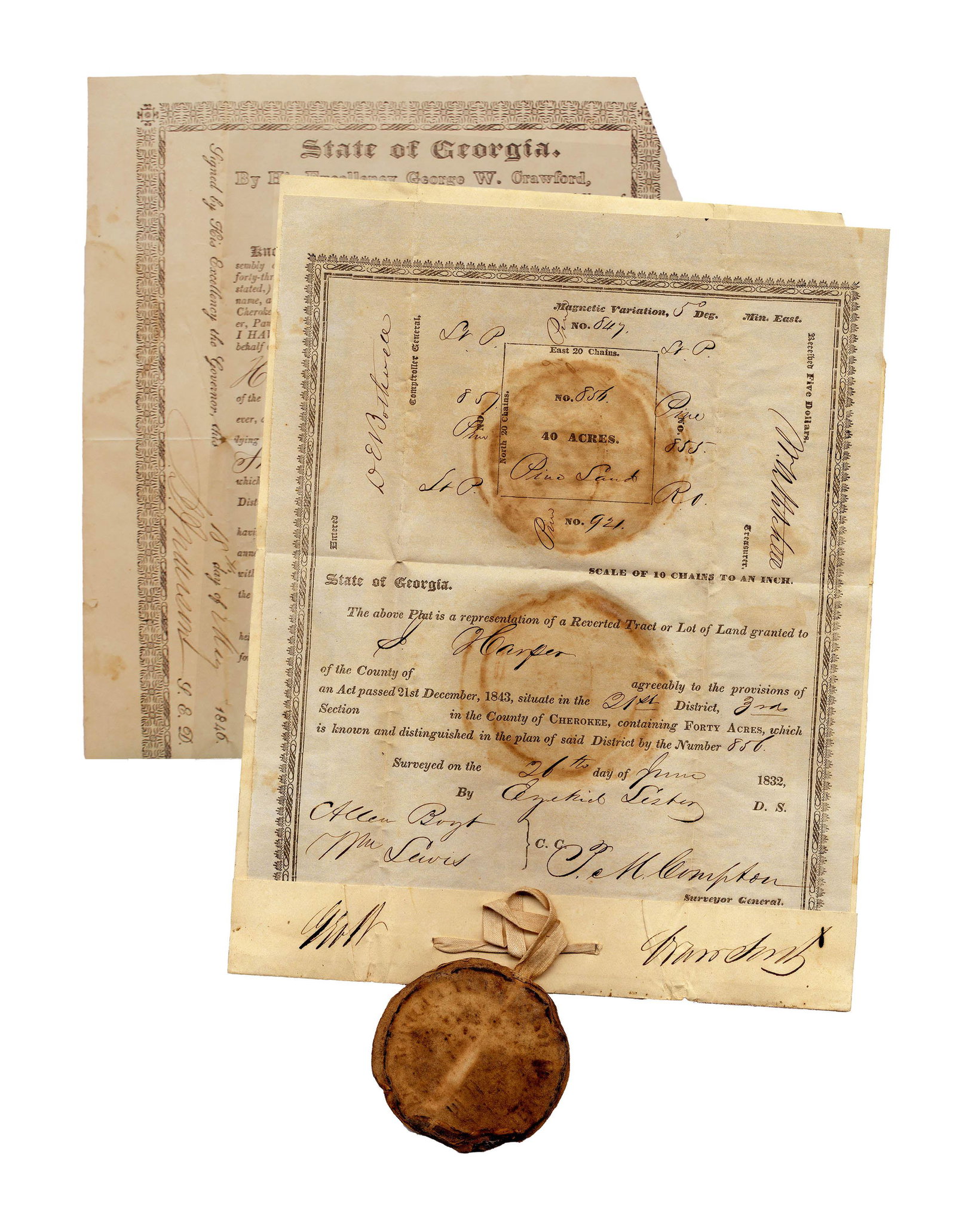 Trail of Tears Georgia Gold Lottery Deed: Trail of Tears Georgia Gold Lottery Deed Land grant for forty acres of land in Cherokee County, Georgia, deeded according to the Gold Lottery of 1832. Awarded to J. Harper, this plot designated as "Pi