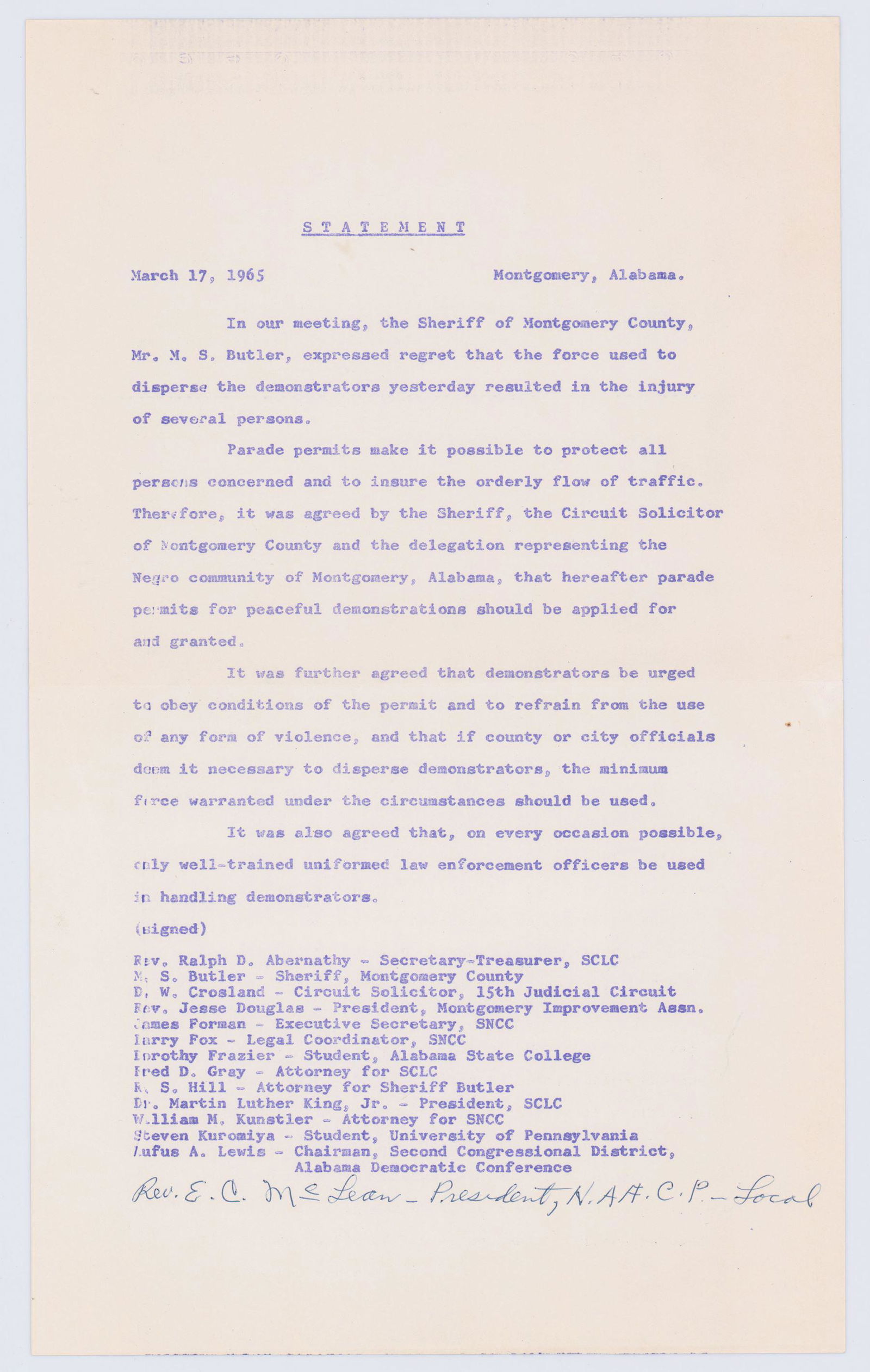 1965 Selma Montgomery March Statement Issued by King & (1 of 3)
