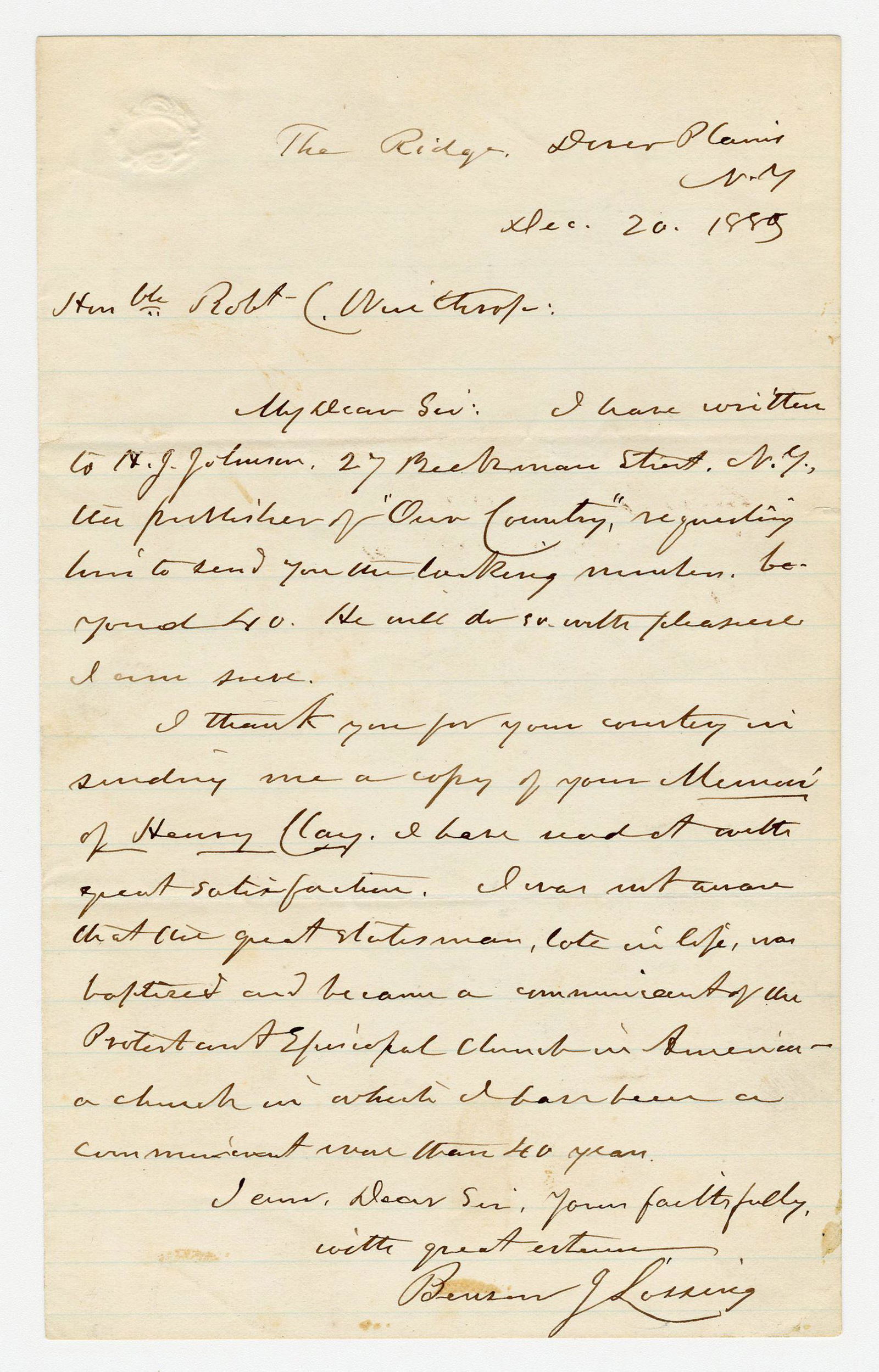 Benson J. Lossing, American Historian, ALS Re: "Memoir (1 of 2)