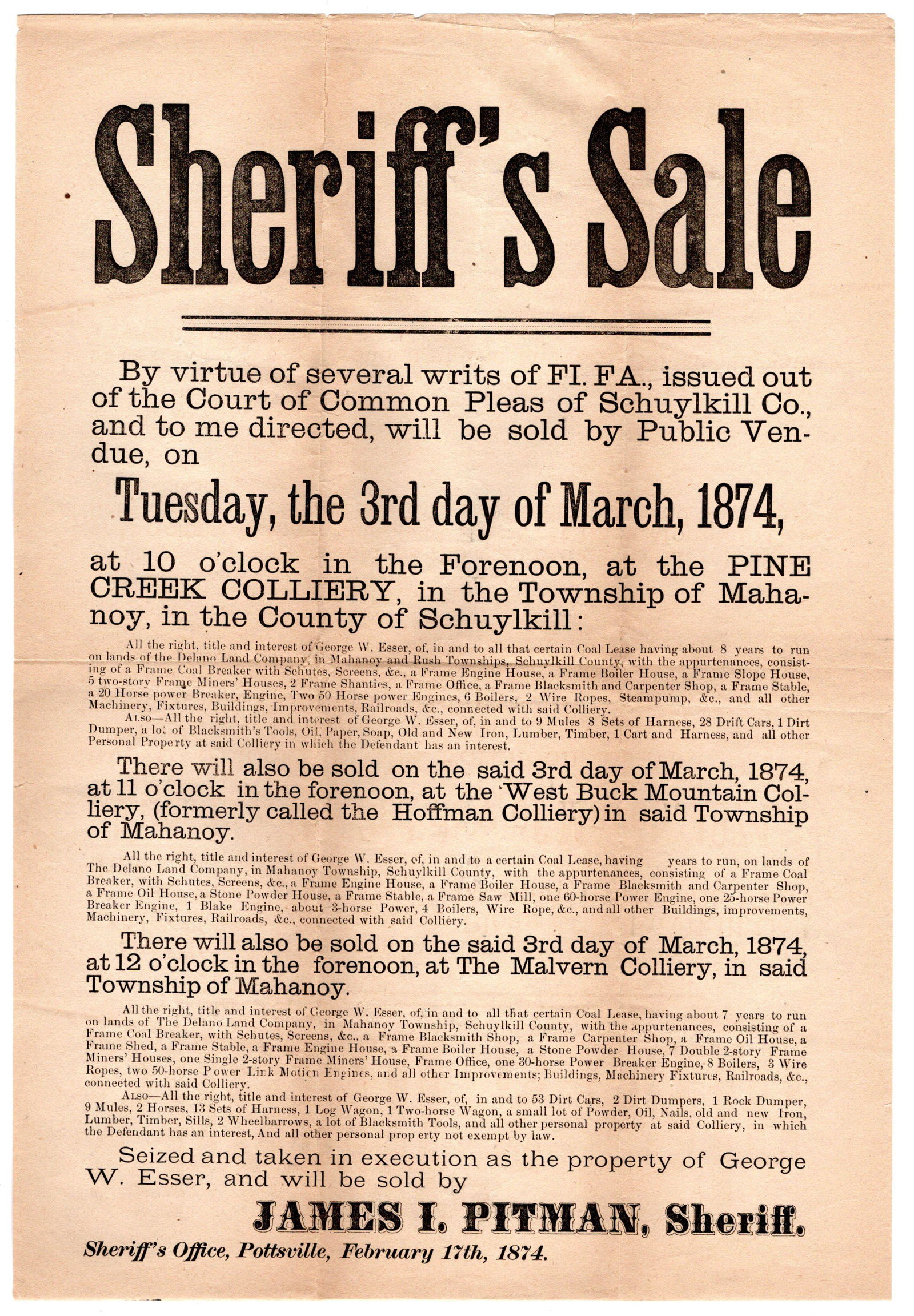 Coal Crisis of Early 1870s Leads to Sheriff's Sale (1 of 1)